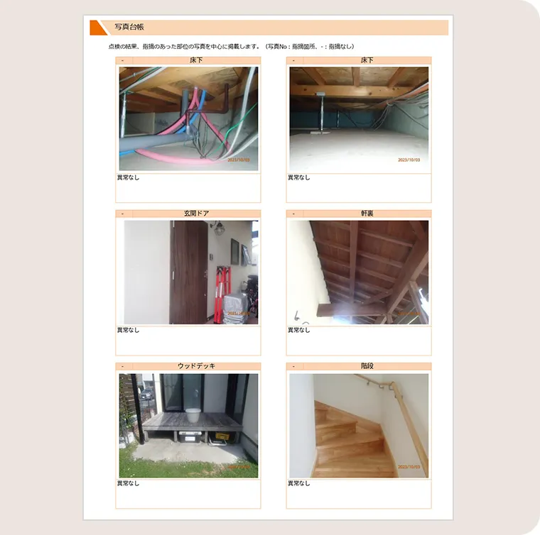 住宅点検の写真台帳。床下、玄関ドア、軒裏、ウッドデッキ、階段などの点検結果が記録され、すべて異常なしと記載されている。
