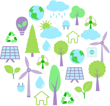 緑豊かな自然、青い空、太陽、水が描かれたイラスト